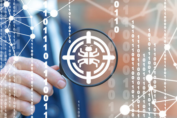 Malware bug in target with magnifier. Scannig Network Vulnerability Virus Malware Ransomware Fraud...