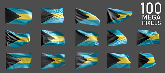 Bahamas flag isolated - different images of the waving flag on grey background - object 3D illustration