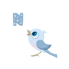 Vector illustration of letter N with cute little cartoon nightingale. ABC for kids. mascot