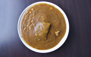 Typical dish of the city of Arequipa, chuño mazamorra or chuño soup, made from chuño flour with potatoes, squash and meat.