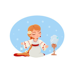 vector illustration of a beautiful Slavic girl with long braid in national costume with daisies spins yarn on spinning wheel with spindle, an embroidered shirt and sundress, red coral beads earrings