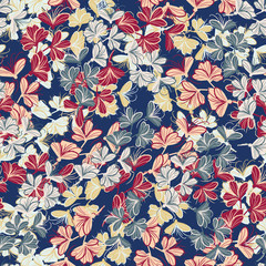 Blooming flowers seamless vector pattern in blue red yellow teal and white. Decorative feminine surface print design. Great for fabrics, stationery and packaging.