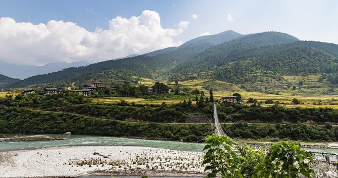 The Punakha Suspension Bridge at the Punakha Dzong. Across the Tsang Chu River to Shengana and Wangkha village. The longest suspension bridge in Bhutan. A time lapse video during Bhutan travel