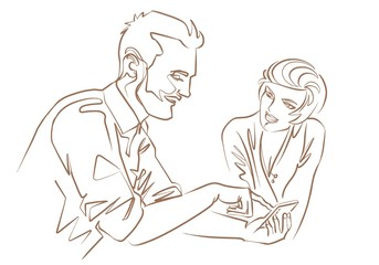a man and a woman are talking, male pointing a finger at a mobile phone, female looking at him with her mouth open. Modern couple, communication, relationship, pair, family