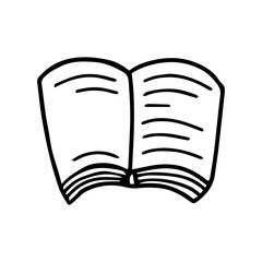 Open book in doodle style isolated on white background. Sign icon. Vector outline illustration. Usable as icon or symbol. Decoration element.