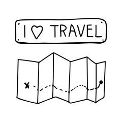 Travel map and name plate I love to travel. Map route for tourist. Doodle style. Vector outline illustration isolated on white background.