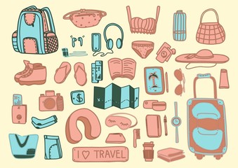 Big cute set of travel in cartoon style. Vector illustration.Tourism and summer sketch with travelling elements