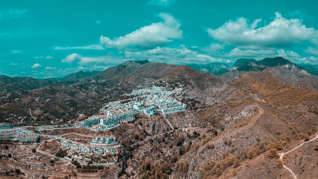 Spanish town in the mountains from the air.