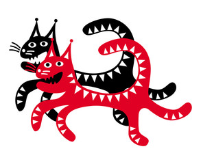 Two running funny cat crazy. Couple in love. Vector art graphic.