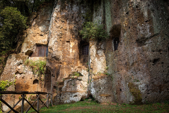 Outside of the Mitreo (Madonna del Parto church) dug out of tuff rock in Sutri, province of Viterbo, Lazio, Italy