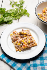 Tuna salad with mayonnaise on white background