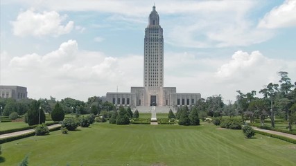 Aerial: Louisiana State Capitol building in downtown Baton Rouge, Louisiana, USA. 23 June 2019