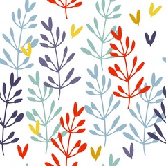 Bright floral seamless background of branches with leaves on a white background.