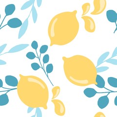 Seamless vector pattern of juicy yellow lemons and leaves on a white background.