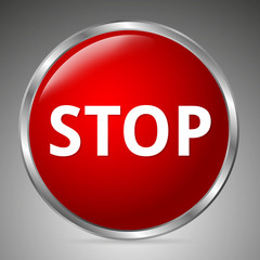 Big red stop button on a gray background. 3D style. Vector illustration
