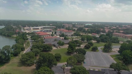 Aerial flying over Louisiana State University, Baton Rouge, Louisiana, USA. 23 June 2019