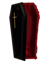 A 3D hyperealistic rendered black coffin with a red interior cover half-opened isolated on white background.  