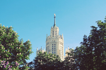 Moscow skyscraper. view from the spring garden. spring sunny day