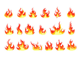 Fire flame cartoon set. Vector flat graphic design illustration