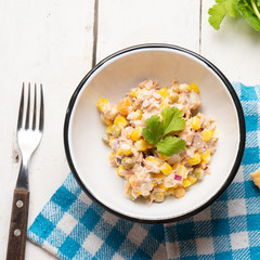 Tuna salad with mayonnaise on white background