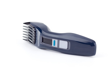 Hair clipper with nozzle on a white background. Blue trimmer without wire.