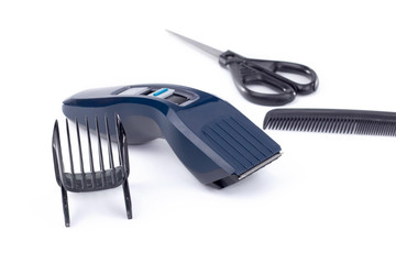 Set of tools for barber on a white background. Blue hair clipper, black comb and scissors.