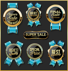 A collection of various badges and labels 