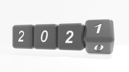 2021 New year change, turn. 2021 start 2010 end, dice isolated against white background. 3d illustration