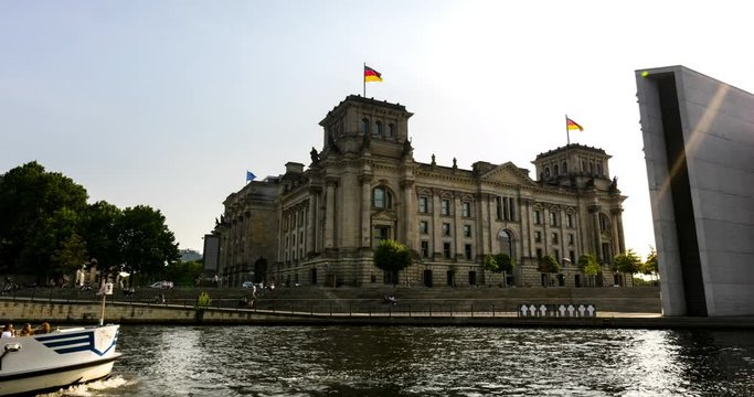 Hyper lapse of the german parliament at the city of Berlin, a walking time lapse at  the Reichstag of Berlin. The Bundestag of the Germany. A time lapse with fast moving clouds