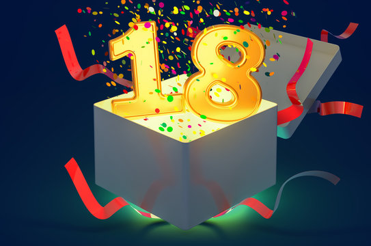 Number 18 inside gift box with confetti and shiny light, 3D rendering