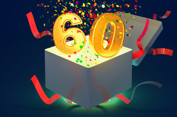 Number 60 inside gift box with confetti and shiny light, 3D rendering