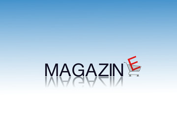  The word magazine is stylized as a logo on a light blue background with mirror reflection and with a red letter