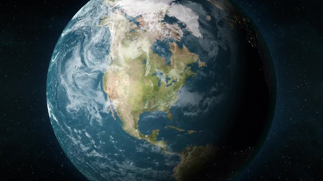 Planet Earth, seen from space, zooming in and centering on Chicago, Illinois, USA. 3D computer generated animation.
