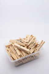 A clothespin or clothes peg is used to hang up clothes for drying, normally on a clothes line. Clothespins often come in many colors and different designs. Can be in plastic or wooden