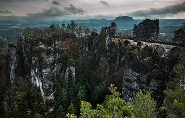 Ancient stone bridge in the area of Bastei, Germany. Beautiful nature screensaver