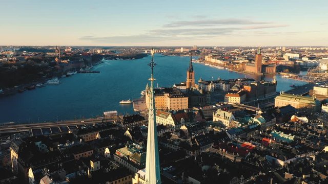 STOCKHOLM, SWEDEN - FEBRUARY, 2020: Aerial view of cathedral in Stockholm old city centre Gamla stan.