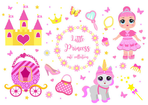 Set of cute little princess, castle, pony, crown carriage and accessories. Fairy Tale Baby girl princess and her pet. Vector illustration