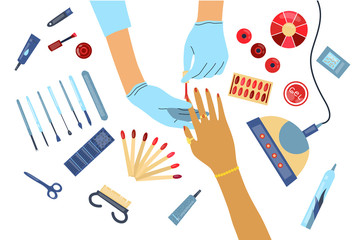 Concept Of Manicure, Beauty and Fashion. Hands of Manicurist Performing Manicure and Customer s Hand or Client With Tools And Cosmetics For Nail Care Around. Cartoon Flat Style. Vector illustration