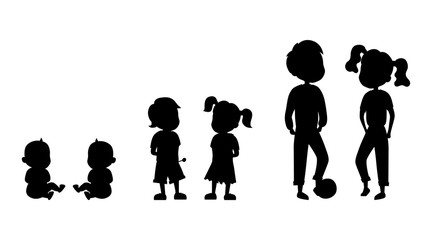 Set Of Black Silhouettes Smiling Children In Different Age On The White Background. Children Couples Together. Infants, Teens And Young People Together. Cartoon Flat Style. Vector Illustration