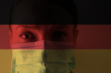 Masked girl, coronary virus disease, new pneumonia. Global outbreak in China. Against the background of the Germany flag.
