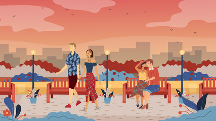 Romantic Relationship, People Dating Concept. Couples in Love Are Spending Time in The City Park With Romantic Cityscape View. Romantic Street Atmosphere. Cartoon Flat Vector illustration