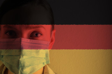 Masked girl, coronary virus disease, new pneumonia. Global outbreak in China. Against the background of the Germany flag.