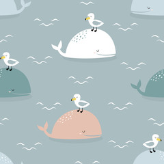 seamless pattern with whales and seagulls