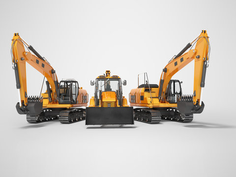 3D rendering orange construction machinery multifunction tractor and crawler excavator on gray background with shadow