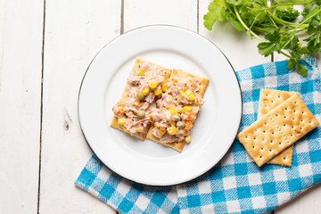 Tuna salad with mayonnaise on white background