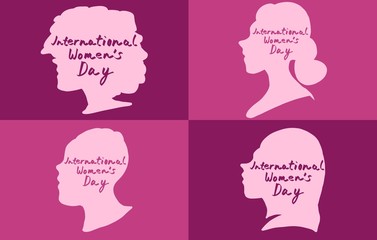 International women's day March 8 feminism Poster. Silhouettes of side profiles of multicultural women of all races. Graphic vector set political illustrations.