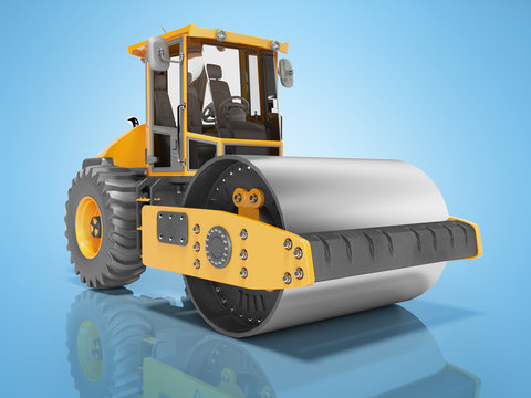 Roller with vibration for laying asphalt isolated 3D rendering on blue background with shadow