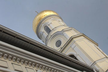 tower of Holy Trinity Cathedral with a golden dome, Dnipro, Ukraine.