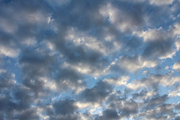Clouds illuminated by the morning against the blue sky.