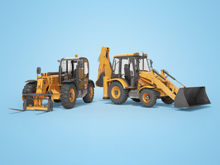 3D rendering orange construction machinery multifunction tractor and telescopic excavator on blue background with shadow